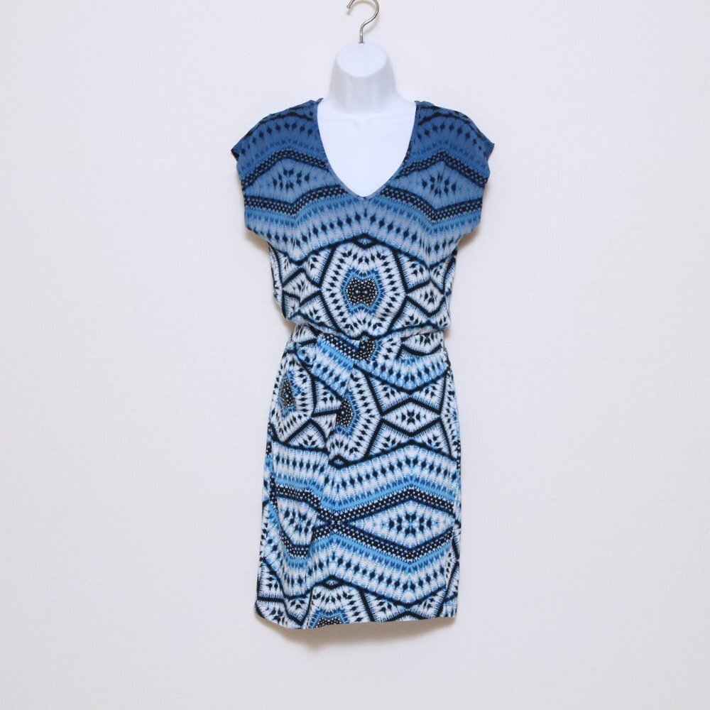 Tart Abstrac Print V Neck Short Sleeve Mini‎ Dress Blue Women XS